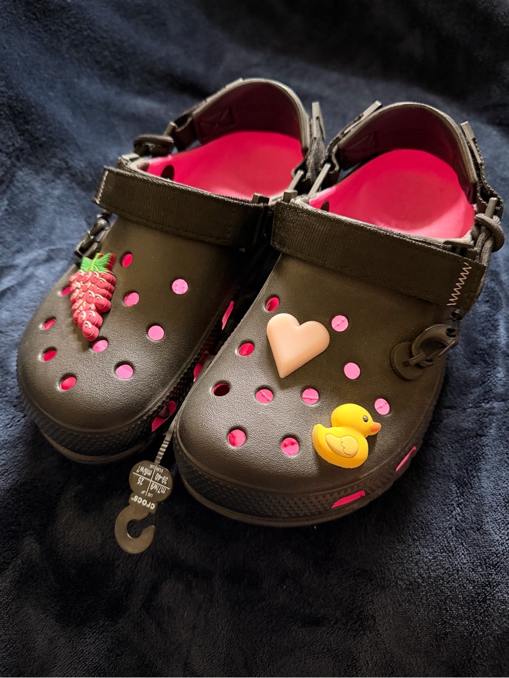 Kids Black Clog Shoes with Pink Accents and Fun Charms